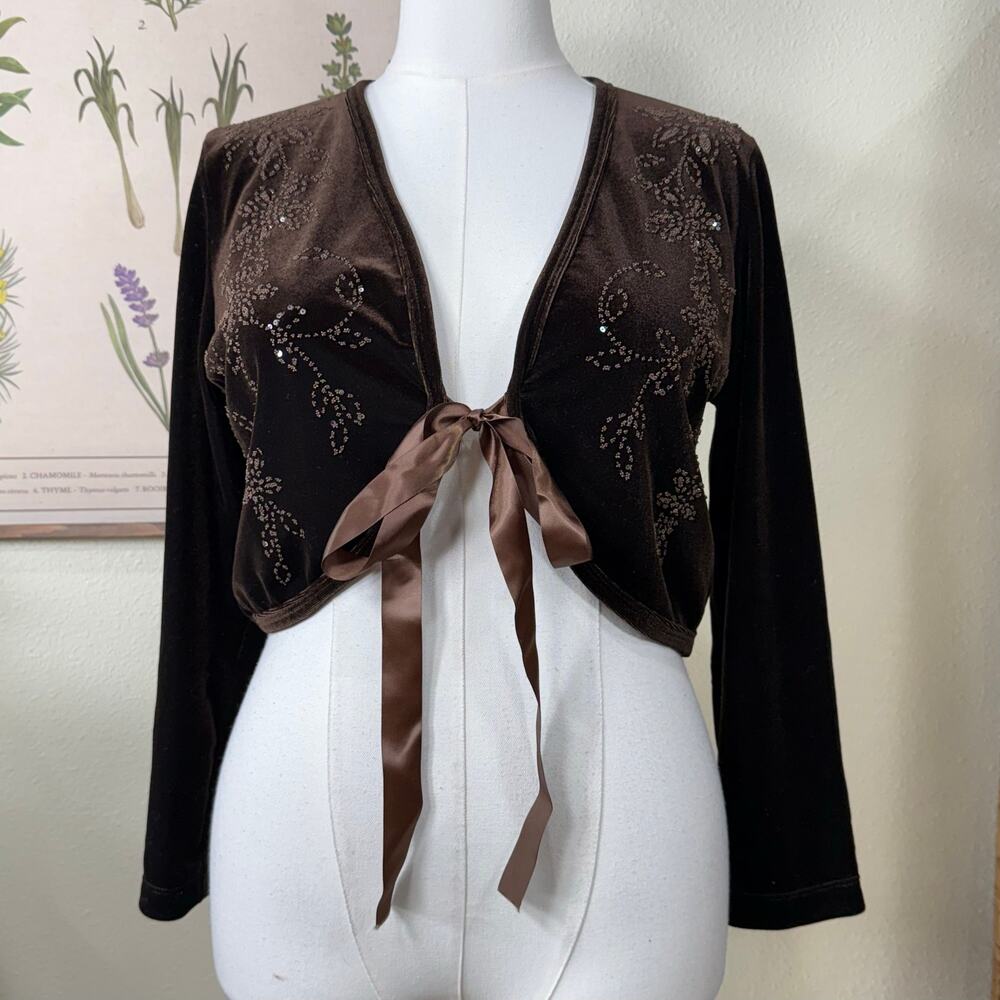 Y2k Velvet Beaded Sequin Floral Tie Cardigan Whimsigoth Coquette Dark Fairy L